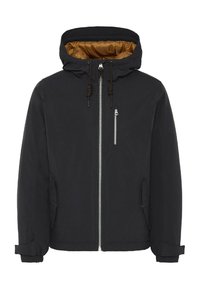 Black padded jacket with a hood, featuring a shiny brown lining, front zipper, two side pockets, and adjustable drawstrings on the hood.