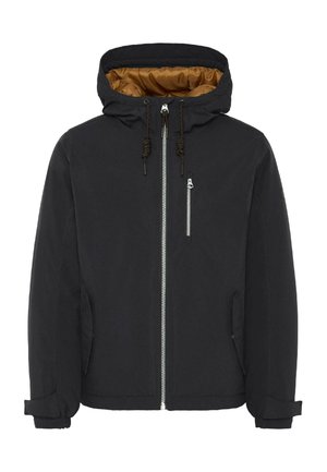 Mustus voodriga jope kapuutsiga, millel on läikiv pruun vooder, ees lukuga, kaks küljetaskut ja reguleeritavad paelad kapuutsi peal.