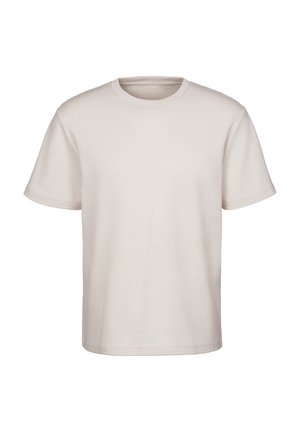 Hellbeige Kurzarm-T-Shirt aus strukturiertem Stoff, mit einem runden Ausschnitt und einer boxy Silhouette. Keine auffälligen Logos oder Details.