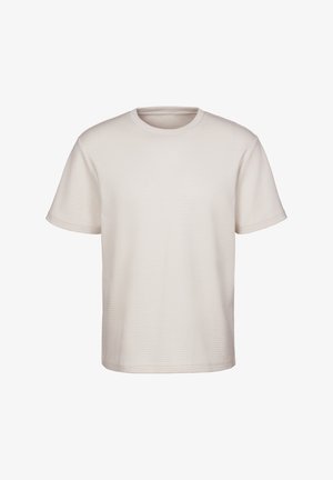 Hellbeige Kurzarm-T-Shirt aus strukturiertem Stoff, mit einem runden Ausschnitt und einer boxy Silhouette. Keine auffälligen Logos oder Details.