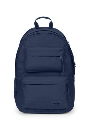 Marineblauer Rucksack mit zwei vorderen Reißverschlusstaschen, einem oberen Tragegriff und einer Netzseitentasche auf weißem Hintergrund.