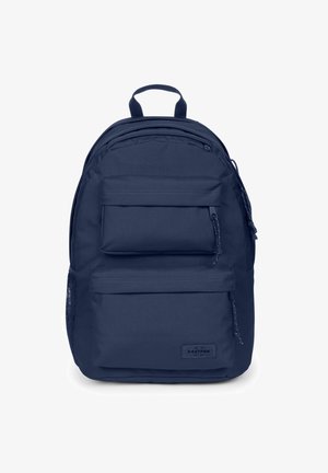 Sac à dos bleu marine avec deux poches avant zippées, une poignée supérieure et une poche latérale en filet sur fond blanc.