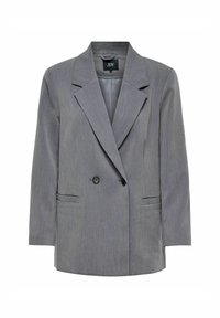 Pelēks divrindu uzvalka žakets ar izgrieztiem uzlīmi, divām priekšējām kabatām un vieglu audumu. Iezīmē melni pogas un gluda iekšējā oderē.