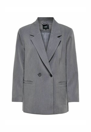 Grå dobbeltbrystet blazer med klapkrave, to frontlommer og letvægtsmateriale. Har sorte knapper og en glat inderside.