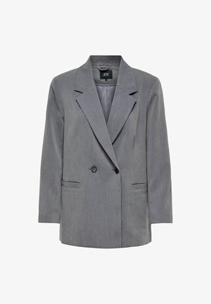 Grå dubbelknäppt blazer med slagkrage, två framfickor och lättviktsmaterial. Har svarta knappar och ett slätt innerfoder.