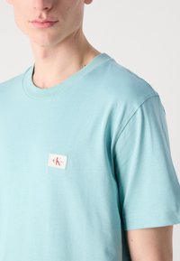 Világoskék pamut póló kerek nyakkal és rövid ujjakkal, a bal mellkas részen egy kis téglalap alakú CK logóval.