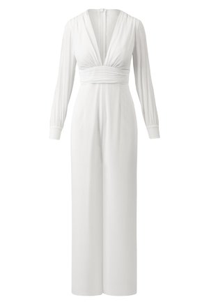 Witte jumpsuit met lange, geplisseerde mouwen, een diepe V-hals en een getailleerde taille. Zachte, gladde stof met een ontwerp met wijde pijpen over de volledige lengte.