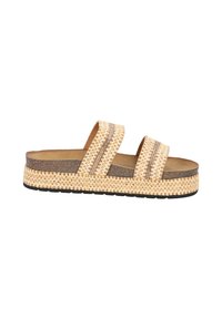 Geweven stro slide sandalen met twee banden, voorzien van een gestructureerde beige bovenkant, grijze accenten en een dikke touwachtige platformzool.