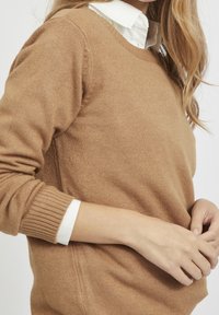 Pull marron en maille douce avec un col rond dégagé et des poignets côtelés, porté par-dessus une chemise blanche à col. Caractérisé par une coupe décontractée et une texture lisse.