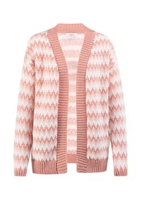 Vaaleanpunainen ja valkoinen neulottu neuletakki, jossa on sahalaitakuosi, avoin etuosa, ribbireunat hihansuissa ja helmassa, pehmeä pinta, rento muotoilu.