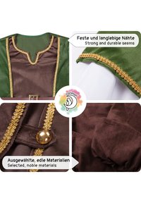 Brown and green garment featuring strong seams, gold trim, and a button detail, made with selected noble materials. Velvet texture evident.
