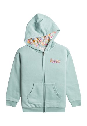 Sweat à capuche zippé vert menthe clair avec doublure à motif floral, poches avant et petit logo sur la poitrine. Texture lisse, design décontracté.