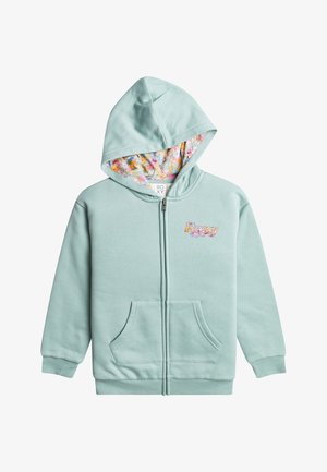 Lichtmintgroene hoodie met ritssluiting, gevoerd met een bloemenpatroon, voorzakken en een klein logo op de borst. Soepele textuur, casual ontwerp.