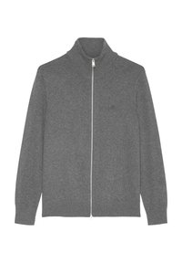 Gray zip-up sweater made from soft fabric with a high collar. Features a full-length zipper and ribbed cuffs. Subtle logo accent on chest.