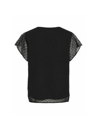 Svart semi-transparent topp med korte flisefellermuffer og teksturert prikkedesign, med en rund halslinning og en rett hems.