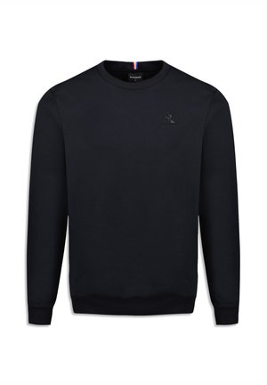 Sudadera negra de algodón con cuello redondo, mangas largas, puños acanalados y un pequeño logo en relieve en el pecho.