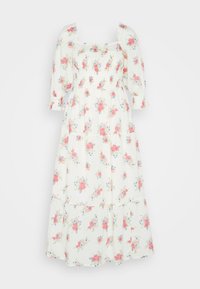 Vestido maxi floral con corsé fruncido, mangas abullonadas, base blanca y patrones de flores en rosa y azul. Bajo acampanado de volantes.