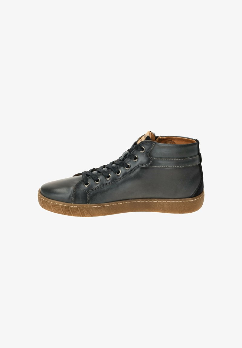 Black leather high-top sneaker with a smooth finish, round toe, and gum rubber outsole. Features lace-up closure and stitching details.
