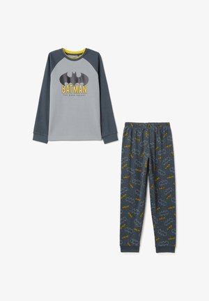 Grau Batman-Themen-Pyjama-Set, bestehend aus einem Langarm-Oberteil mit einem Logo und gelbem Text sowie gemusterten Hosen mit einem Kordelzugbund.