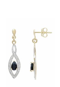 Zlatno i srebrno-tonirani viseći naušnice sa uvijenim dizajnom, kruškolikim tamnoplavim dragim kamenom i malim prozirnim akcentima za sjaj.