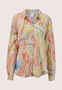 Langärmeliges, mehrfarbiges Hemd mit einem wirbelnden abstrakten Muster in Pastelltönen von Rosa, Gelb, Blau und Grün. Weicher Stoff mit Knöpfen.