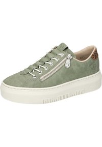 Baskets en daim vert clair avec semelle en caoutchouc blanche, design à lacets, détail de fermeture éclair sur le côté et accent texturé brun au niveau du talon.