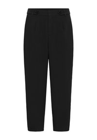 Black tailored trousers with a high waist, featuring two front buttons, pleats, and a straight leg design. Made from smooth fabric.