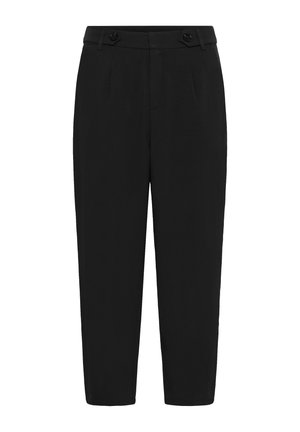 Schwarze maßgeschneiderte Hose mit hoher Taille, ausgestattet mit zwei Frontknöpfen, Falten und einem geraden Bein Design. Hergestellt aus glattem Stoff.