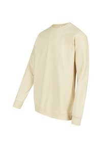 Light beige crewneck sweatshirt with long sleeves, soft cotton material, minimalistic design, featuring a small embroidered logo on the left chest.