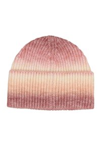 Berretto lavorato a maglia con risvolto, caratterizzato da una texture a coste e colori sfumati che vanno dal rosa polveroso al crema e toni di mauve.