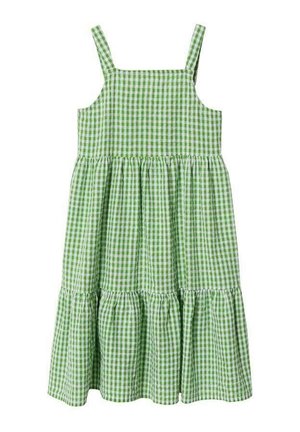 Grønt ginghamkjole med firkantet halsudskæring, tynde stropper og et lagdelt skørt. Fremstillet af letvægtsstof med en tekstureret mønster.