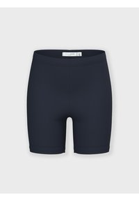 Marina blå, elastiska sportshorts med en åtsittande design. Slen textur och elastisk midja. Etikett synlig inuti midjan.