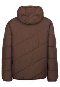 Giacca a vento marrone con cappuccio, caratterizzata da sezioni trapuntate diagonali, polsini elasticizzati e una texture liscia e opaca. Vista posteriore.