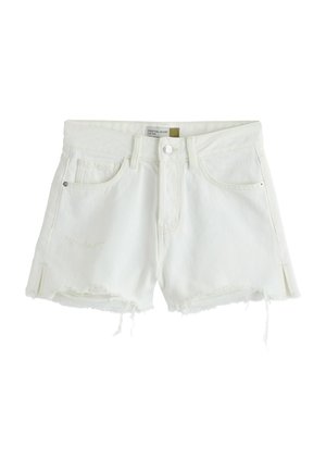 Weiße Jeans-Shorts mit ausfransenden Säumen, vorderer Knopfleiste, Gürtelschlaufen sowie Taschen vorne und hinten.