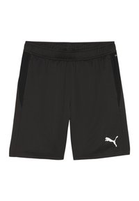 Zwarte sportshorts van lichtgewicht stof, met zijzakken en een wit Puma-logo aan de onderkant van de linker voorkant.