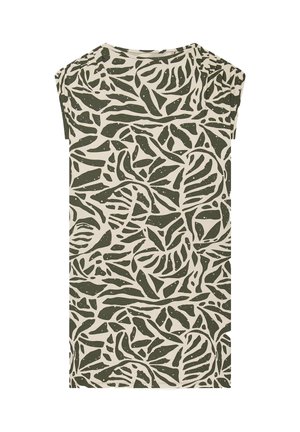 Graphic short-sleeved top featuring a cream background with dark green abstract leaf patterns. The fabric is smooth with a relaxed fit.