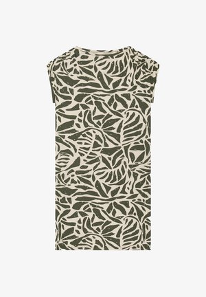 Graphic short-sleeved top featuring a cream background with dark green abstract leaf patterns. The fabric is smooth with a relaxed fit.