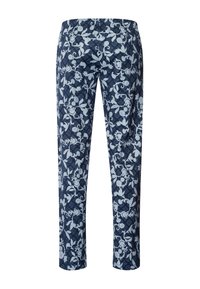 Pantaloni blu navy con motivo floreale in azzurro chiaro, realizzati in tessuto morbido; vestibilità aderente con vita elasticizzata.