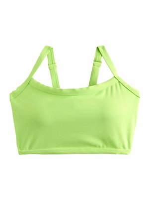 Haut court vert clair avec fines bretelles réglables, en tissu lisse, sur fond blanc.