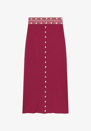 Bordeaux midi-nederdel med et mønstret talje, der har dekorative knapper foran. Lavet af blødt stof med let stræk.