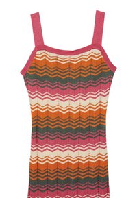Robe en tricot au design ajusté, présentant un motif en chevrons dans des teintes d'orange, rose, vert et crème. Encolure carrée et fines bretelles.