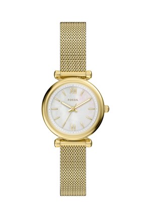 Guld mesh rem ur med rund urskive, perlemorsskive, gyldne timemarkører og romertal ved kl. 12 og 6. Brandlogo vist.