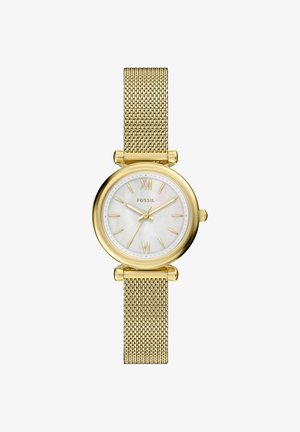 Gouden horloge met een mesh-band, een ronde wijzerplaat met parelmoer, gouden uurmarkeringen en Romeinse cijfers op 12 en 6 uur. Merkenlogo zichtbaar.