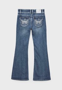 Blaue Jeans mit Schlag aus Denim, mittelhoher Bund, verzierte Gesäßtaschen und eine leichte Verwaschung im Stoff. Standardumschlag am Saum.