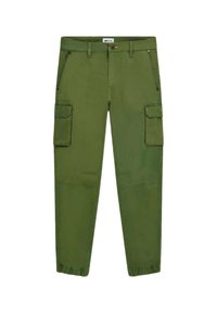 Pantaloni cargo verdi con due tasche laterali, due tasche sulle cosce e polsini elasticizzati. Realizzati in un tessuto resistente con una consistenza liscia.