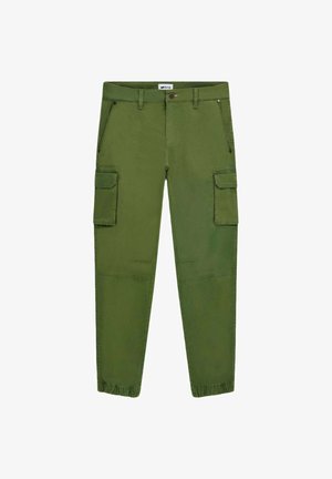 Pantaloni cargo verdi con due tasche laterali, due tasche sulle cosce e polsini elasticizzati. Realizzati in un tessuto resistente con una consistenza liscia.