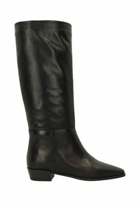 Botte noire en cuir montante jusqu'au genou, avec un bout pointu et un petit talon carré, présentant une texture lisse et élégante ainsi qu'un design simple.