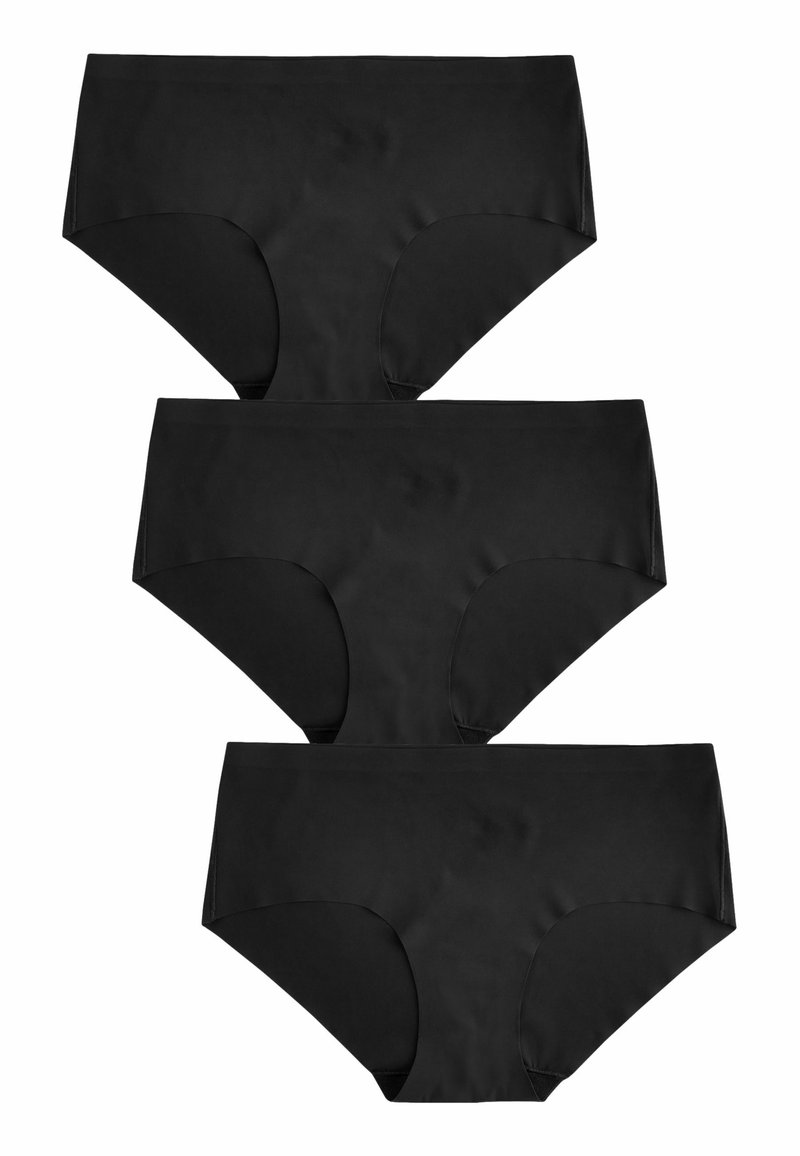 Zwarte katoenen hipster slips in een verpakking van drie. Elk heeft een gladde, matte textuur en een hoge taille met gematigde bedekking.
