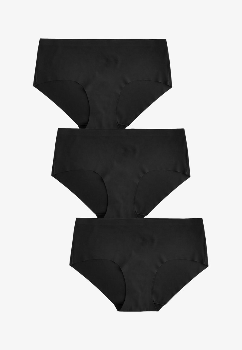Black cotton hipster briefs in a pack of three. Each has a smooth, matte texture and a high-rise design with moderate coverage.