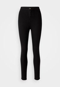 Jeans skinny negros de talle alto, hechos de mezclilla, con cierre frontal de botón y textura suave, que presentan una silueta ajustada.